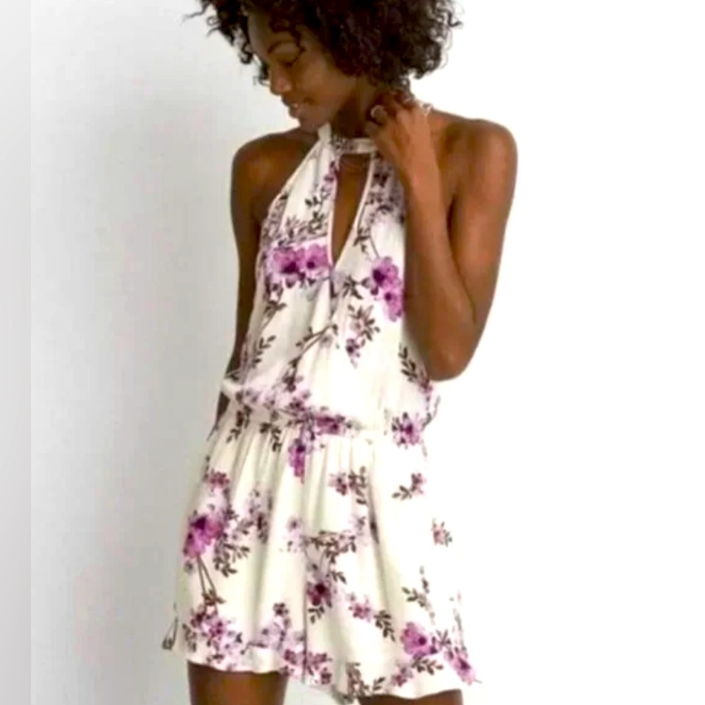 American Eagle Outfitters Casual Halter Top Shorts Romper Ivory Purple Floral M
